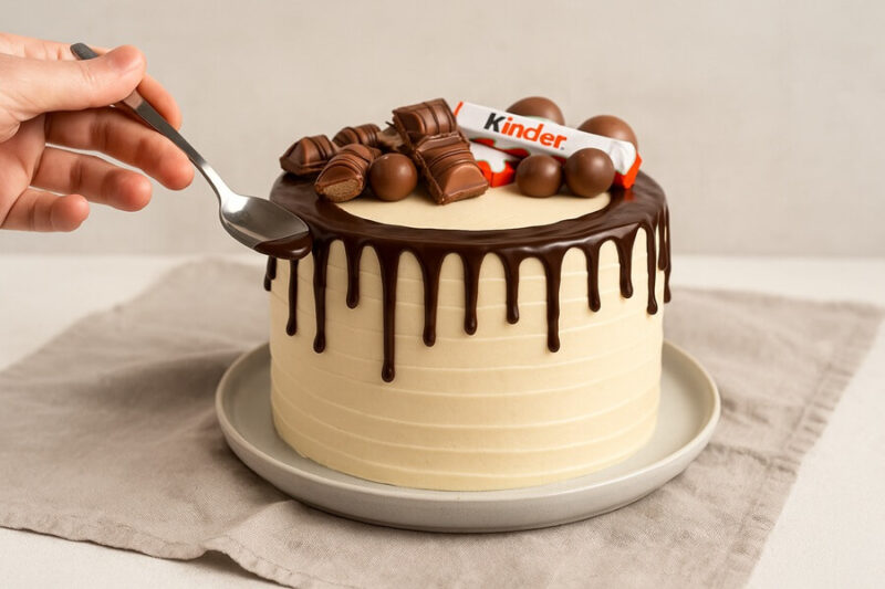 Украшение торта Киндер шоколадной каплей и батончиками Kinder Bueno