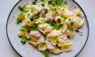 Готовые макароны с ветчиной и сыром на тарелке