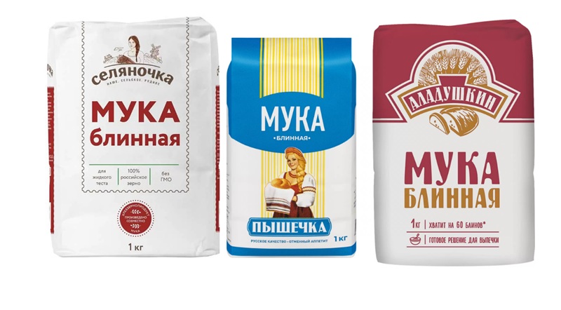 Пакеты блинной муки разных производителей.