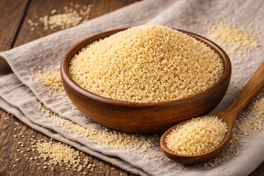 Кускус — сухая пшеничная крупа в деревянной миске на столе